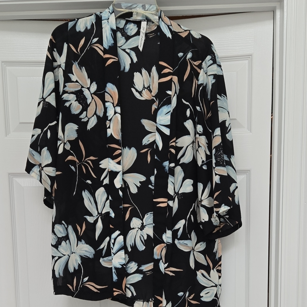 NY Collection Black Cardigan with Blue Floral Design